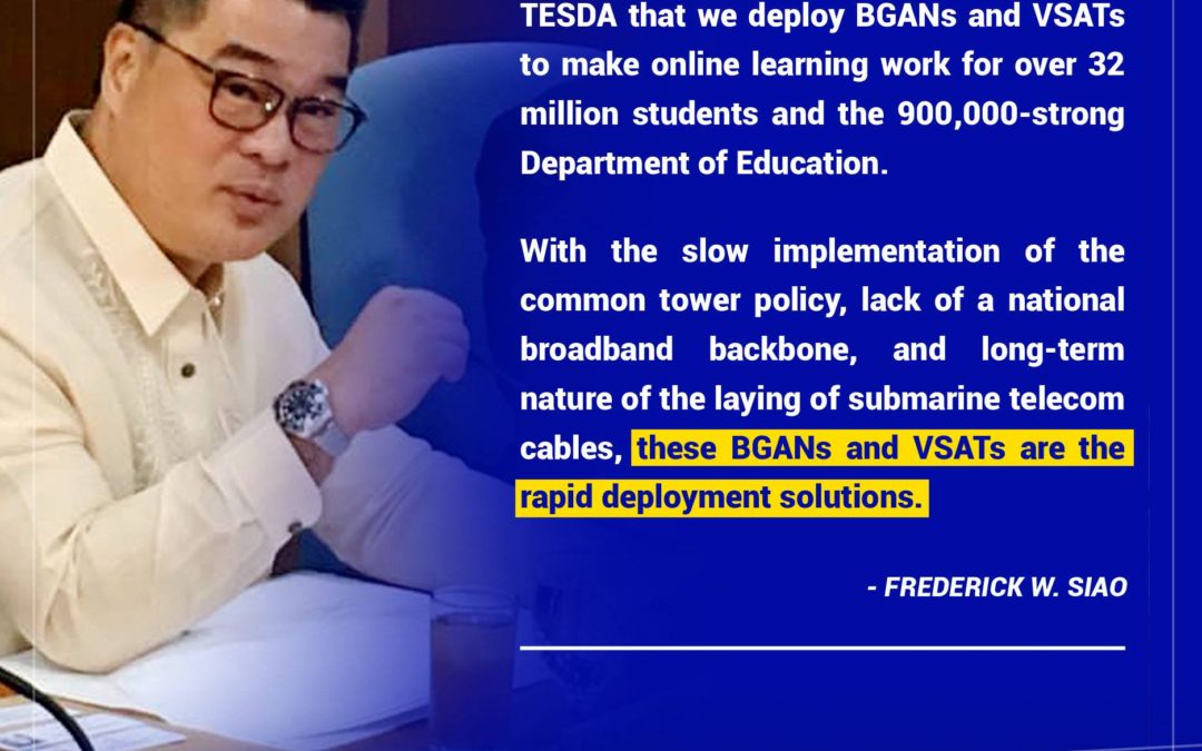 Mirekomenda si #FreddieSiao sa mga ahensya sa edukasyon nga gamiton ang mga Broadcast Global Area Network (BGAN) ug Very-Small-Aperture Terminal (VSAT) devices para suportaan ang online na edukasyon sa mga #estudyante karong naa pa’y pandemya.