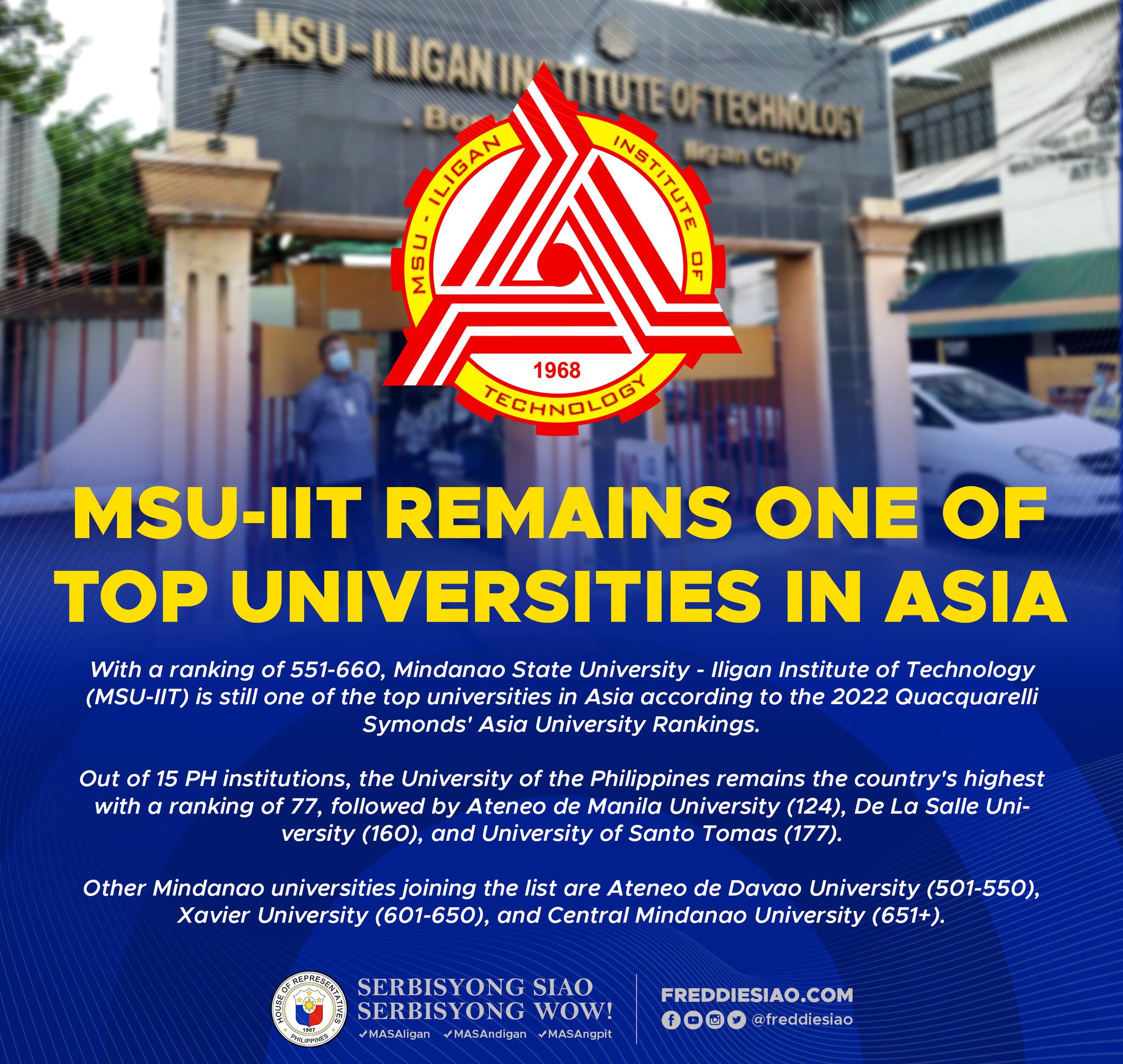 Msu Iit Remains One Of Top Universities In Asia Congressman Freddie Siao
